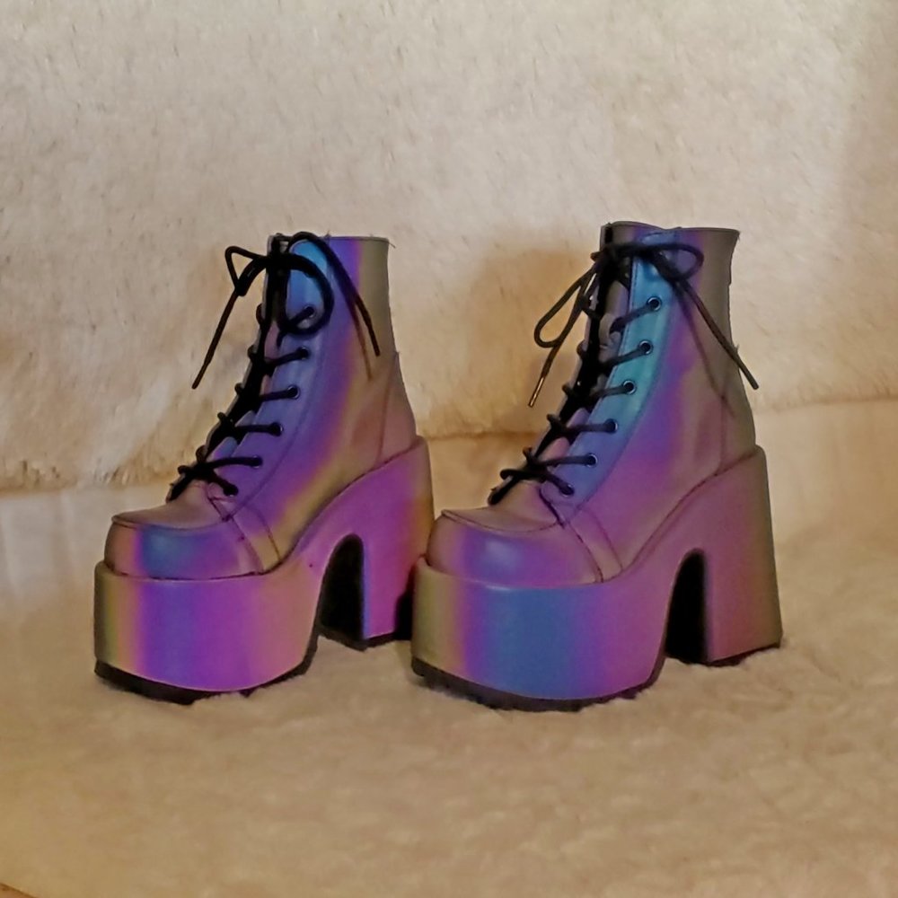 Camel Purple Green Reflective Rave Royalty Festival Platform Ankle Boots - Picture 15 of 15
